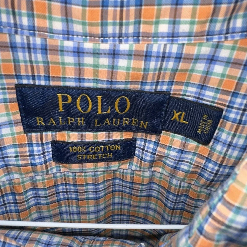 Polo Ralph Lauren Mens Button Down Plaid XL 100%Cotton Stretch Orange Blue